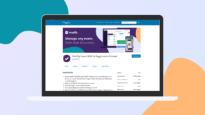 Laptop displaying WordPress plugin directory listing for RSVPify Event RSVP & Registration Embed
