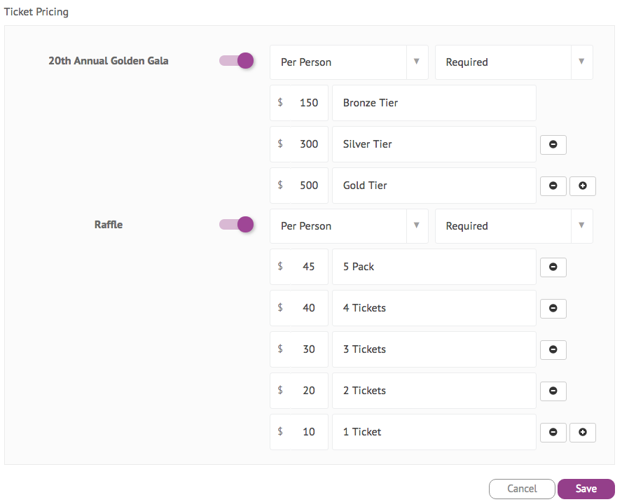 Ticket pricing settings