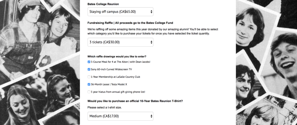 Personalized page to sell tickets online for class reunion with multiple ticket options and raffle options. 