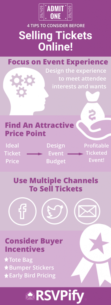 Infographic: How to sell tickets online, tip including a focus on your event's experience and buyer incentives.