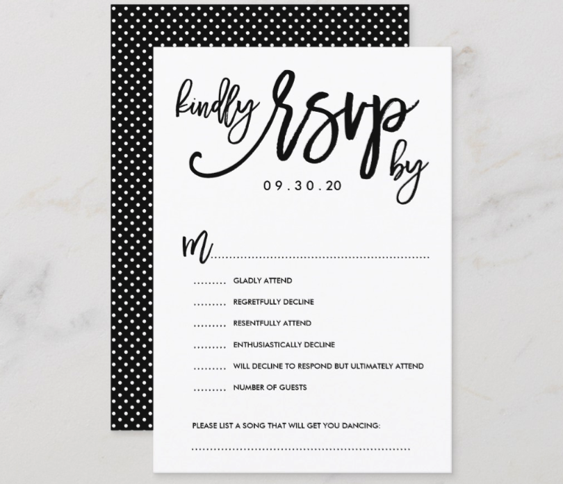 'Kindly RSVP By' Black and White Polka Dot RSVP Card. Multiple Accept/decline text options and song request.