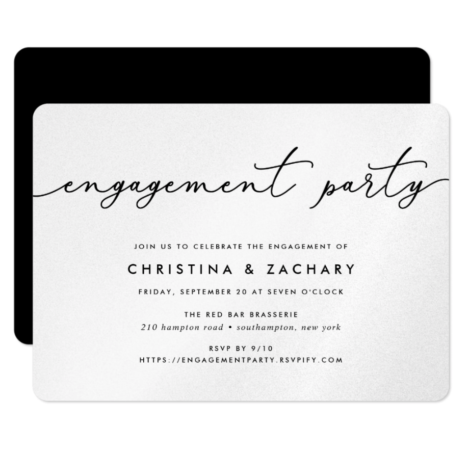 Example of engagement party paper invitation. Black and white calligraphy engagement invitation. "Join us to celebrate the engagement of Christina & Zachary". 