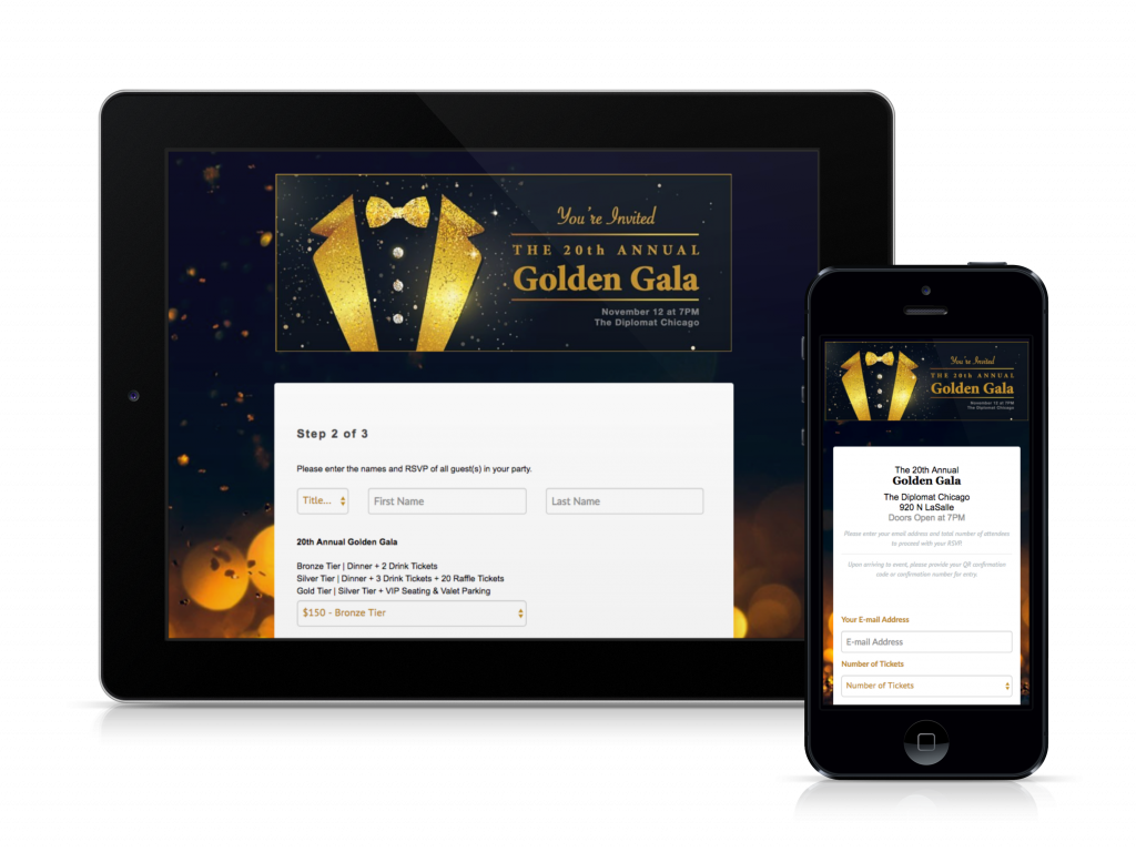Responsive iPad and iPhone display ticket tiers for annual gala
