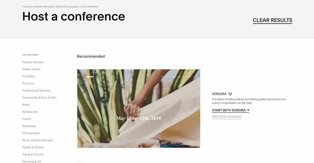 SquareSpace event builder website template choices