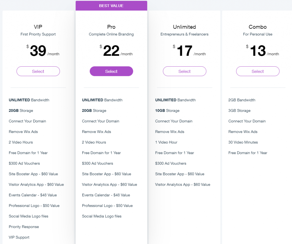 Pricing plans Wix