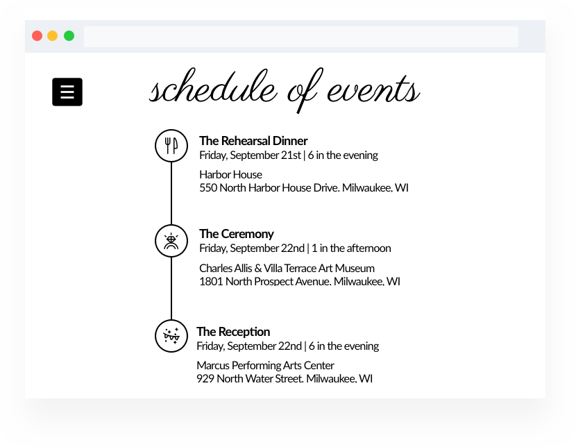 Wedding Website Builder Schedule of Events Page Example. Schedule includes rehearsal dinner, ceremony and wedding reception.