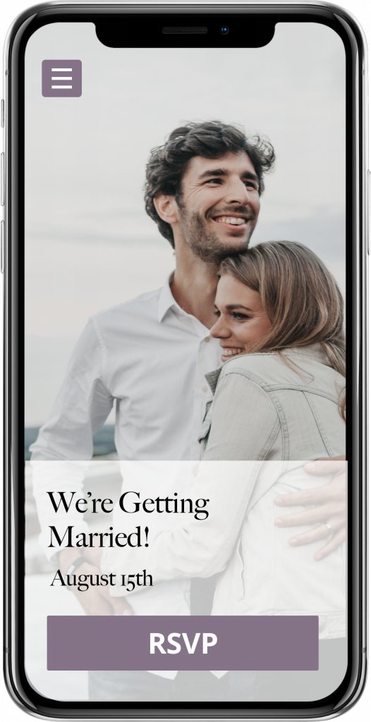 Example of wedding website builder displayed on iPhone with RSVP button. Text reads "We're Getting Married!".