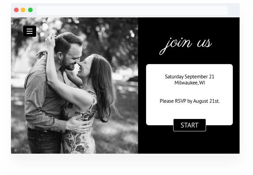 Best wedding website builder with online RSVP example. Embedded RSVP form in wedding website.