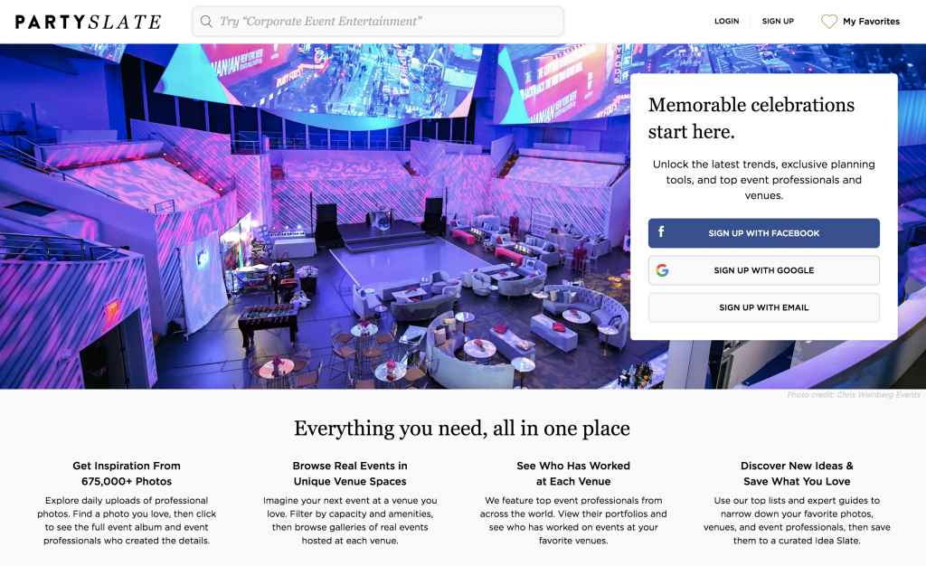 Party Slate venue finder home page. "Everything you need, all in one place"