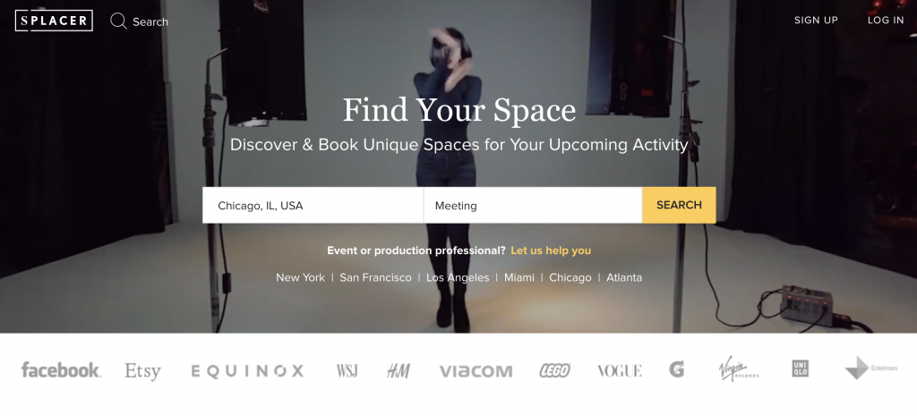 Splacer's Event Venue Finder Website Homepage. "Discover & Book unique spaces for your upcoming activity"