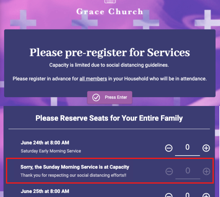 Church service registration with limited capacities