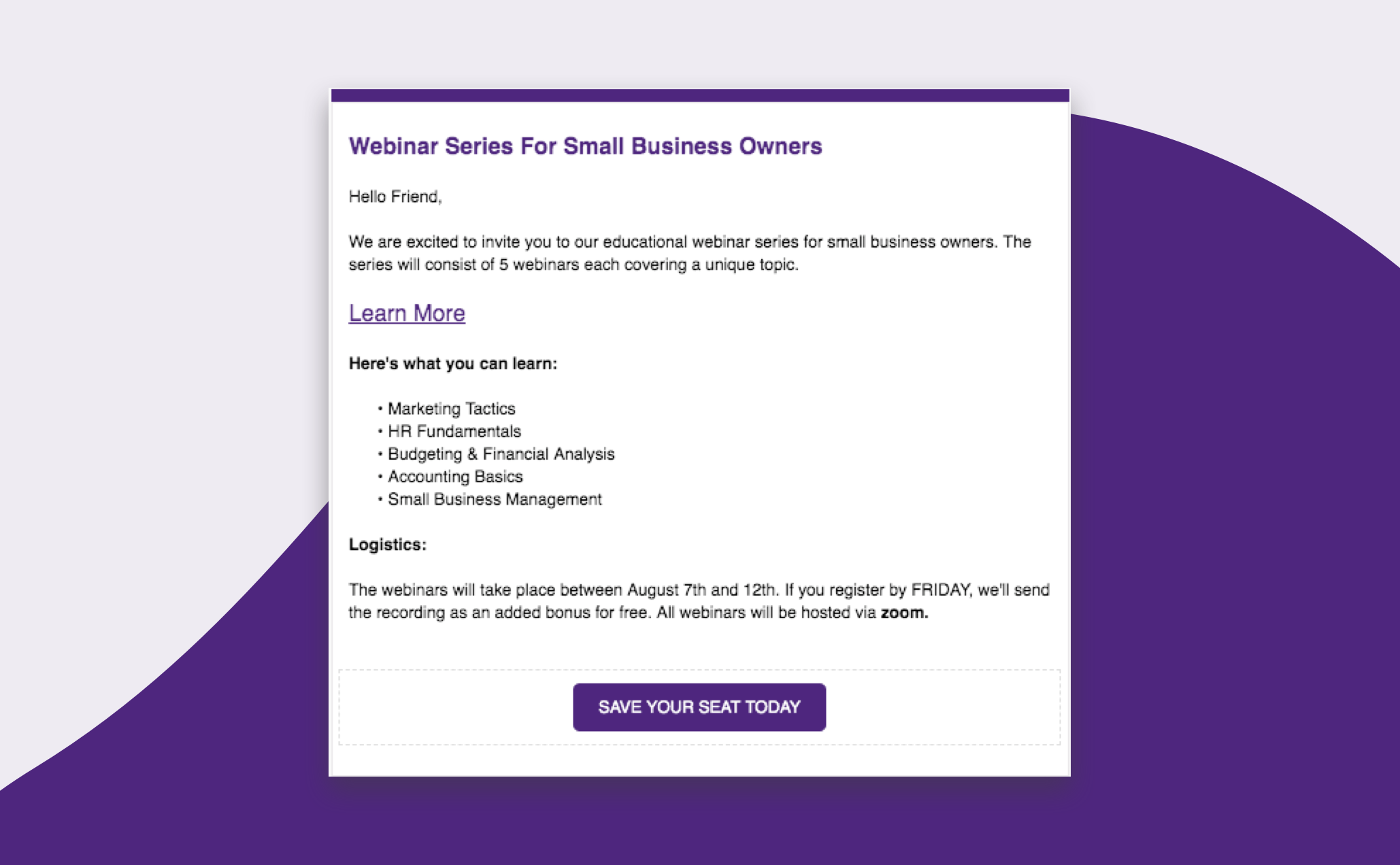 Example of an Email Invitation for Zoom Webinar Series