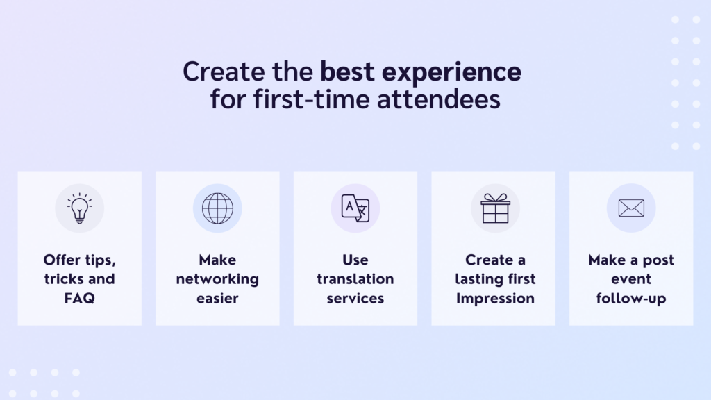 Infographic displaying tips for creating the best experience for first time event attendees