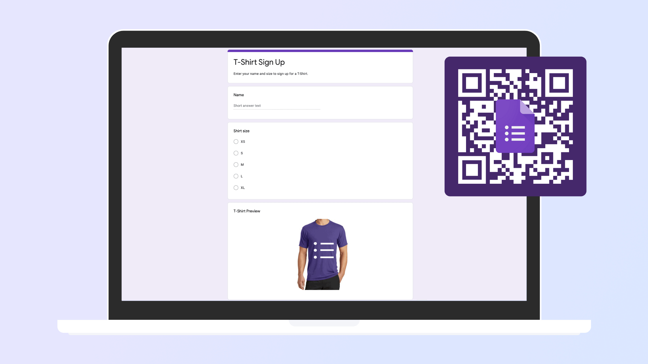 Laptop mockup displaying Google Form with QR code