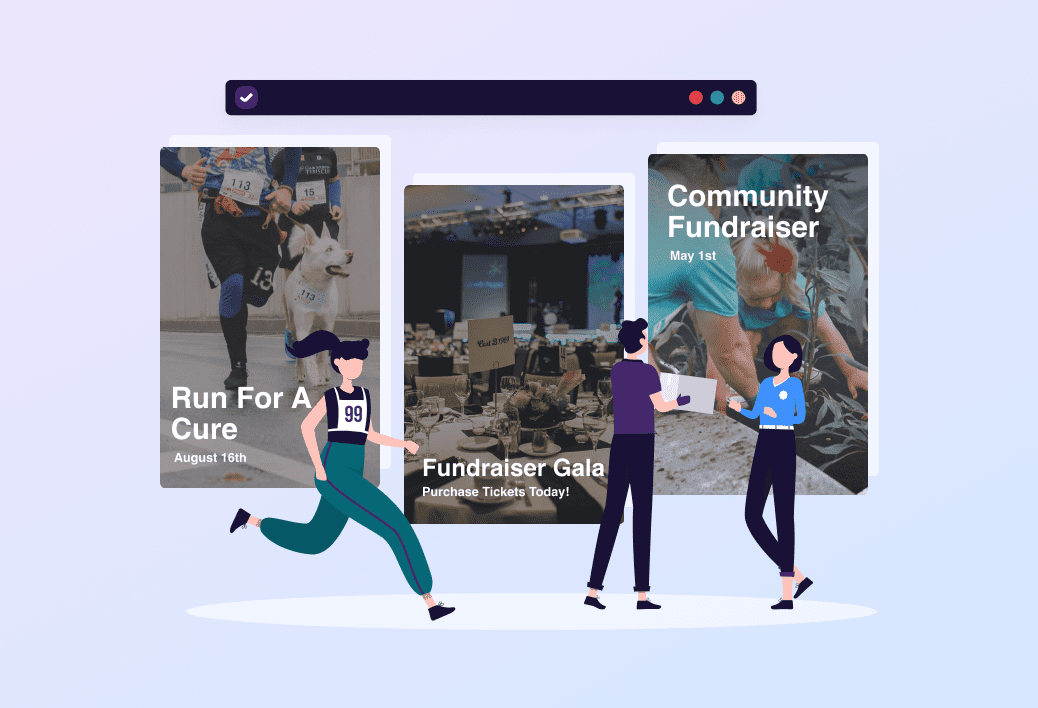 Examples of charity events that sell tickets on RSVPify with character illustrations