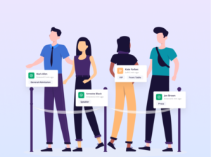 Guests wait in line as they check in and out of an event. RSVPify notifications pop up as guests check-in