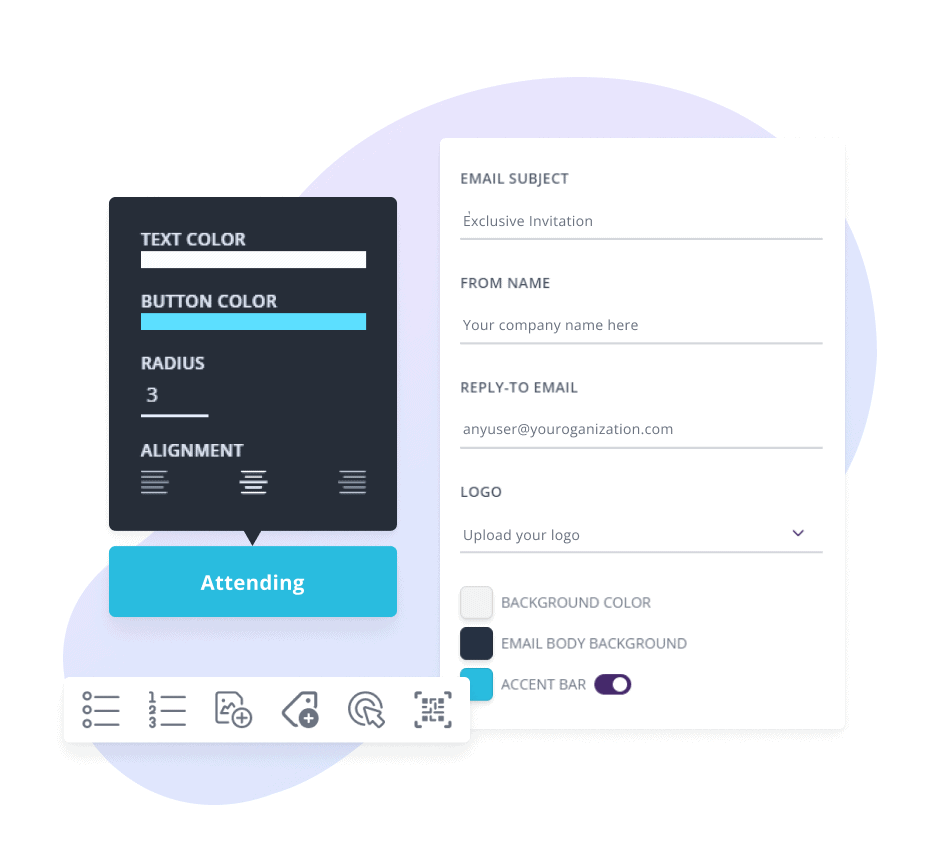 Sample RSVPify customization options for white label email invitations