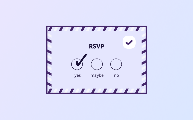 Illustrated RSVP post card with yes, no, maybe response wording