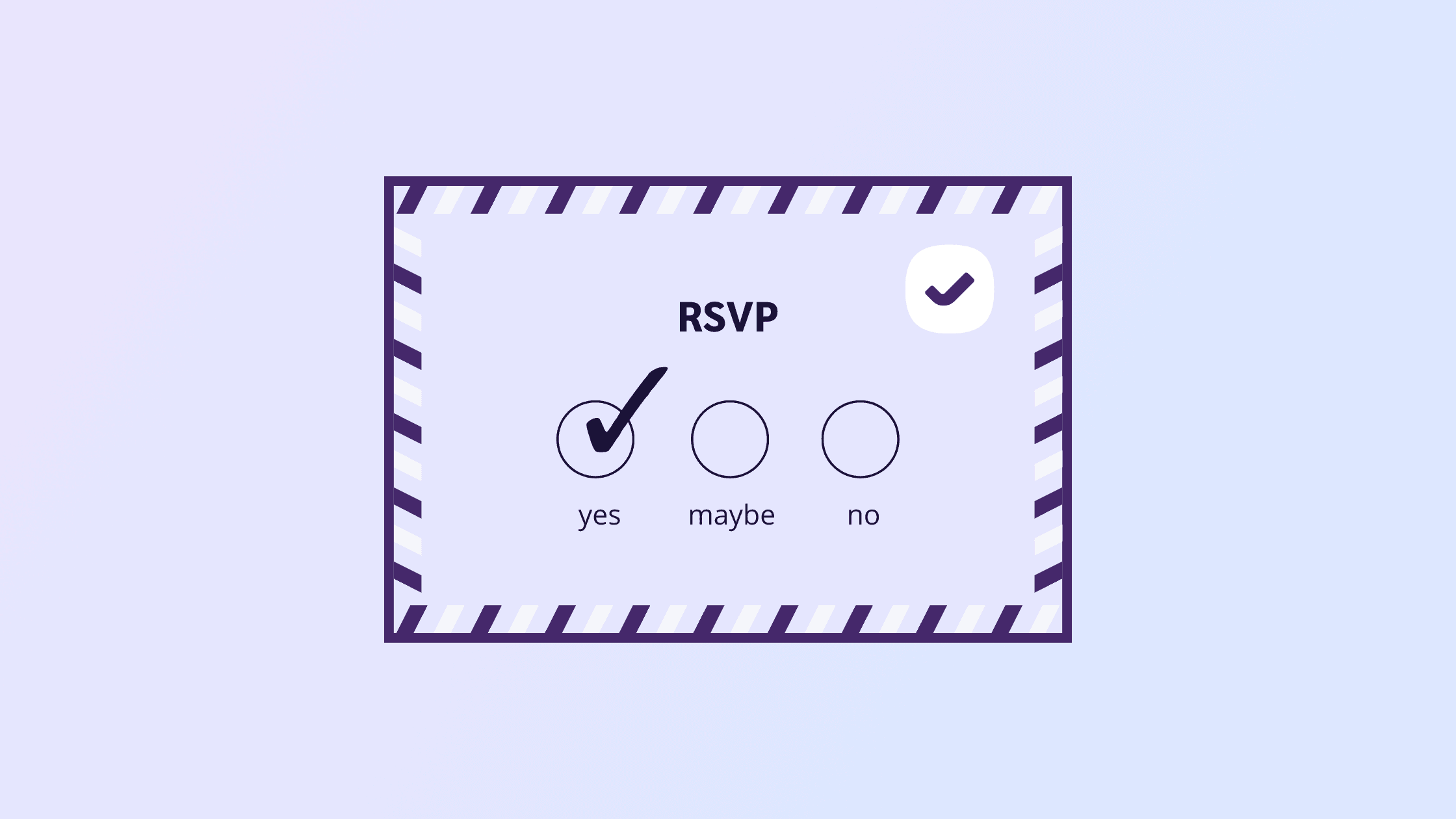 Illustrated RSVP post card with yes, no, maybe response wording
