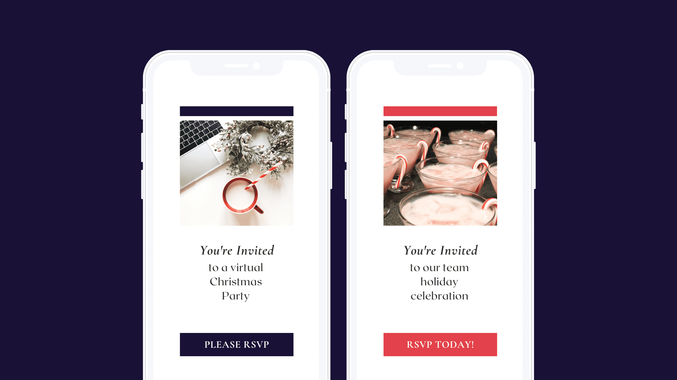 Example of 2 digital office holiday party invitations. "You're invited to our team holiday celebrations. RSVP Today!"