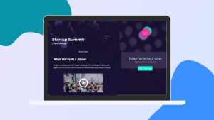 Computer mockup displaying event website with video embedded