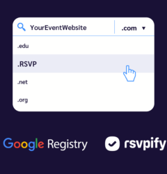 domain dropdown with new .rsvp extension. Google Logo and RSVPify Logo