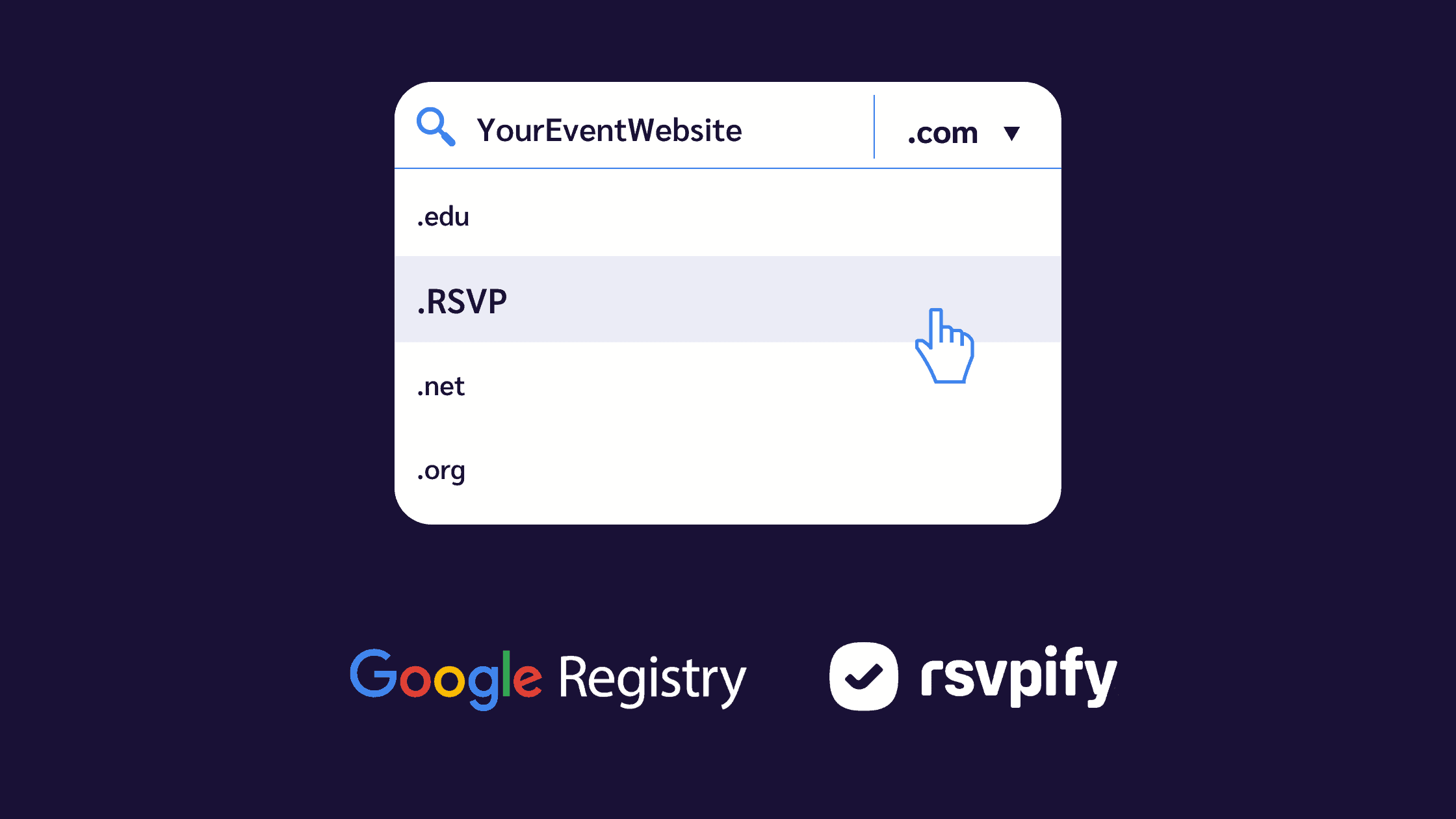 domain dropdown with new .rsvp extension. Google Logo and RSVPify Logo