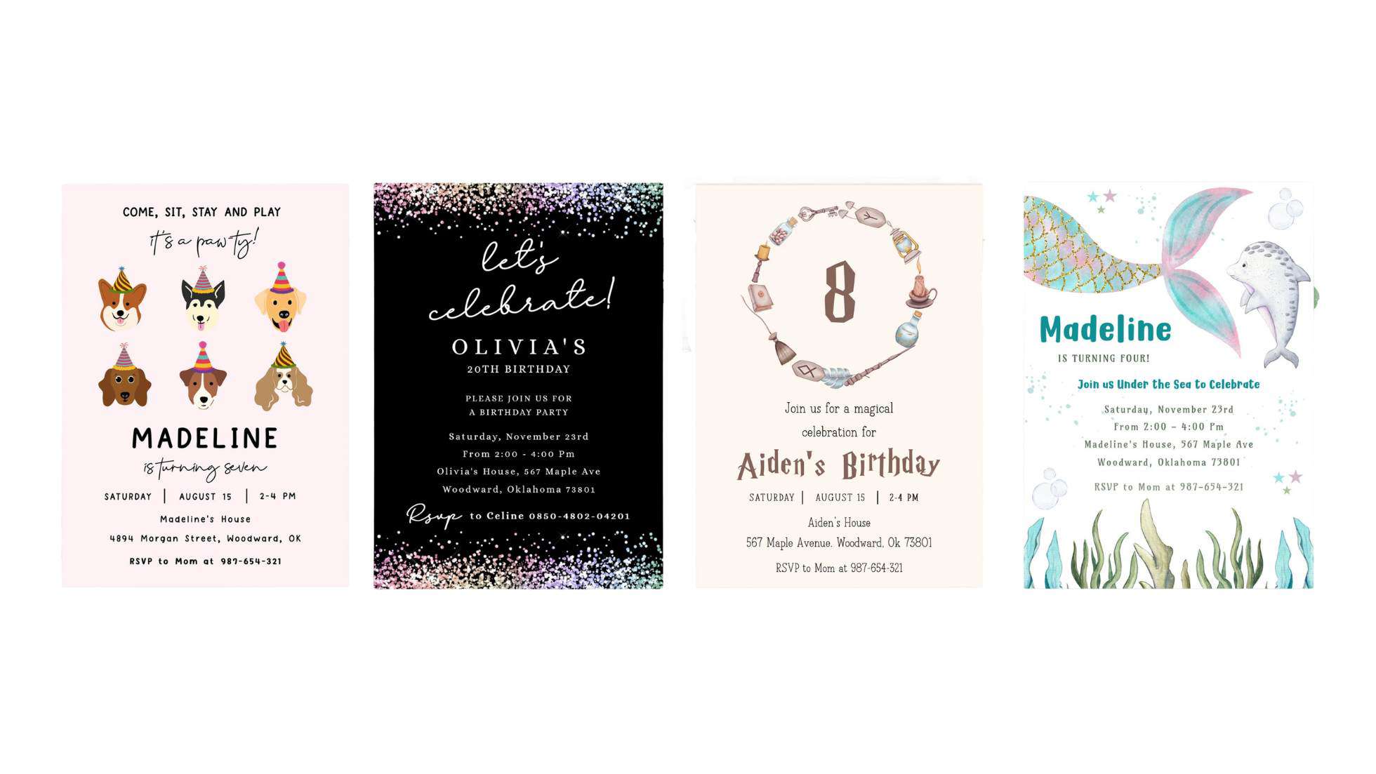 Examples of themed birthday invitation templates from Etsy