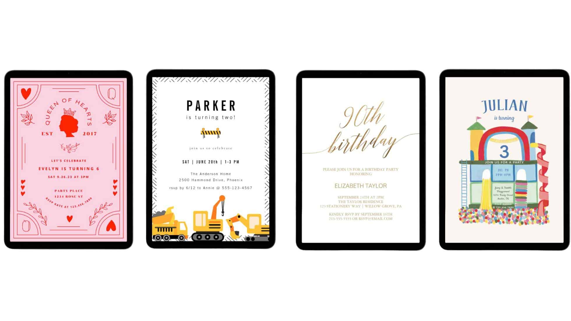 4 iPads displaying digital birthday invitation templates