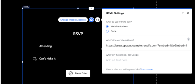 Where to embed RSVP link for Wix