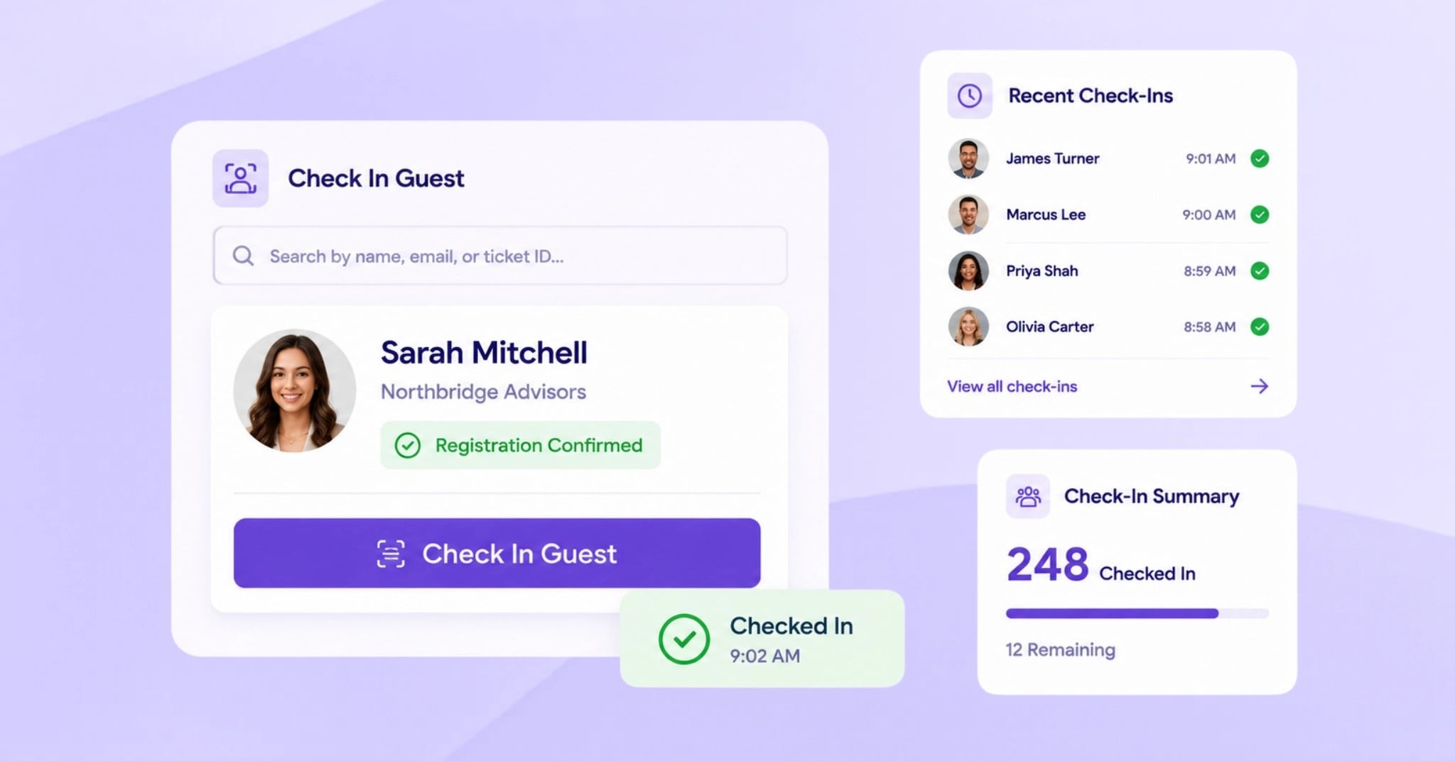 Guest check-in screen with recent arrivals