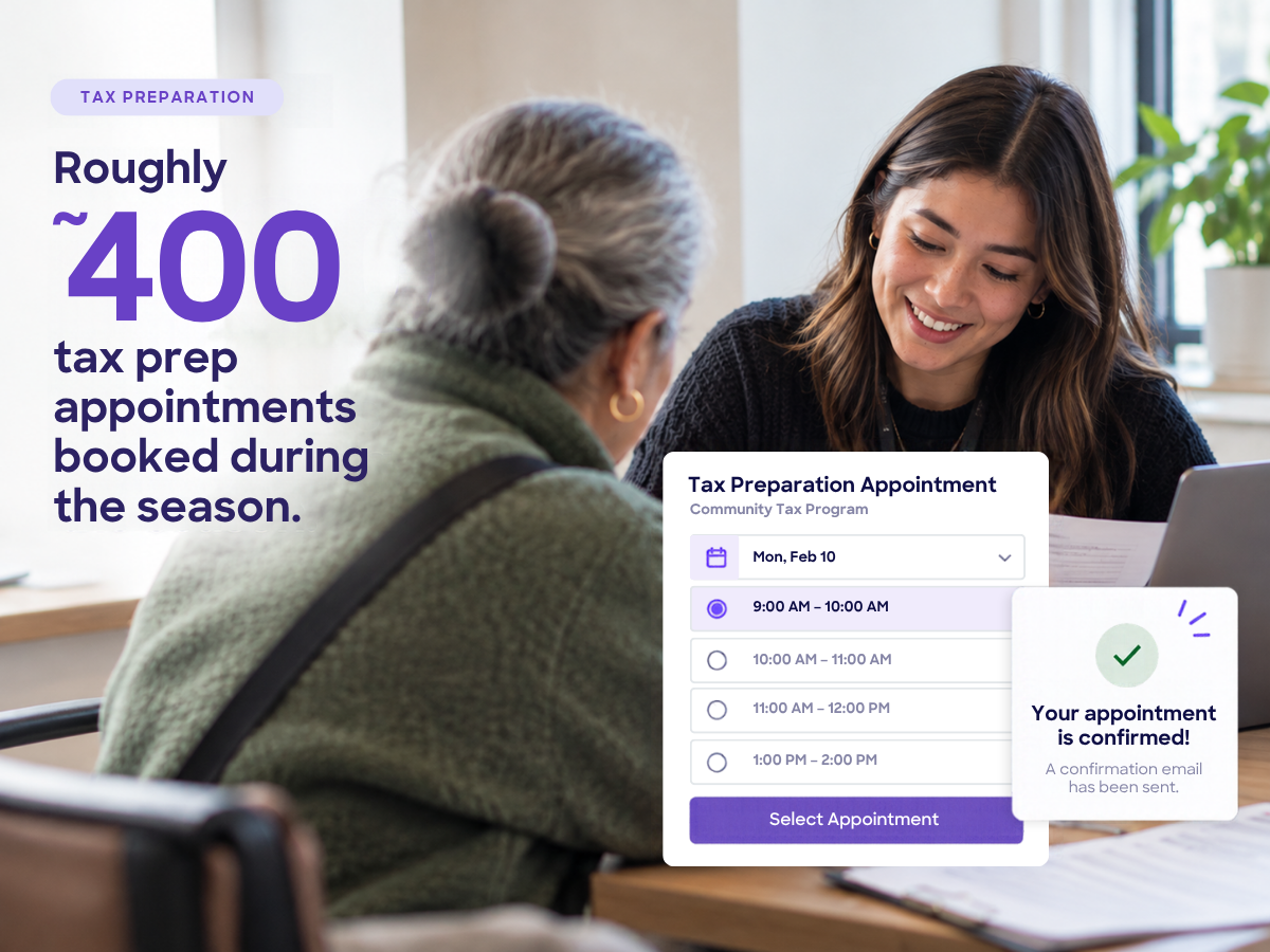 Roughly 400 tax prep appointments booked during the season through RSVPify appointment scheduling