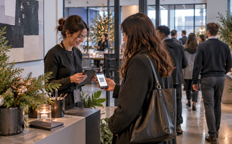 Guest using QR code check-in for a holiday party