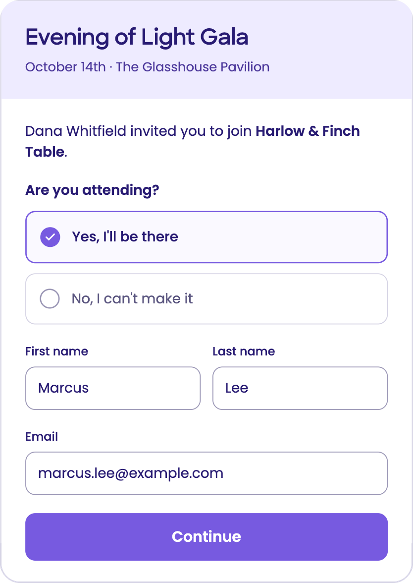 Guest RSVP form for the Evening of Light Gala with attendance, name, and email fields