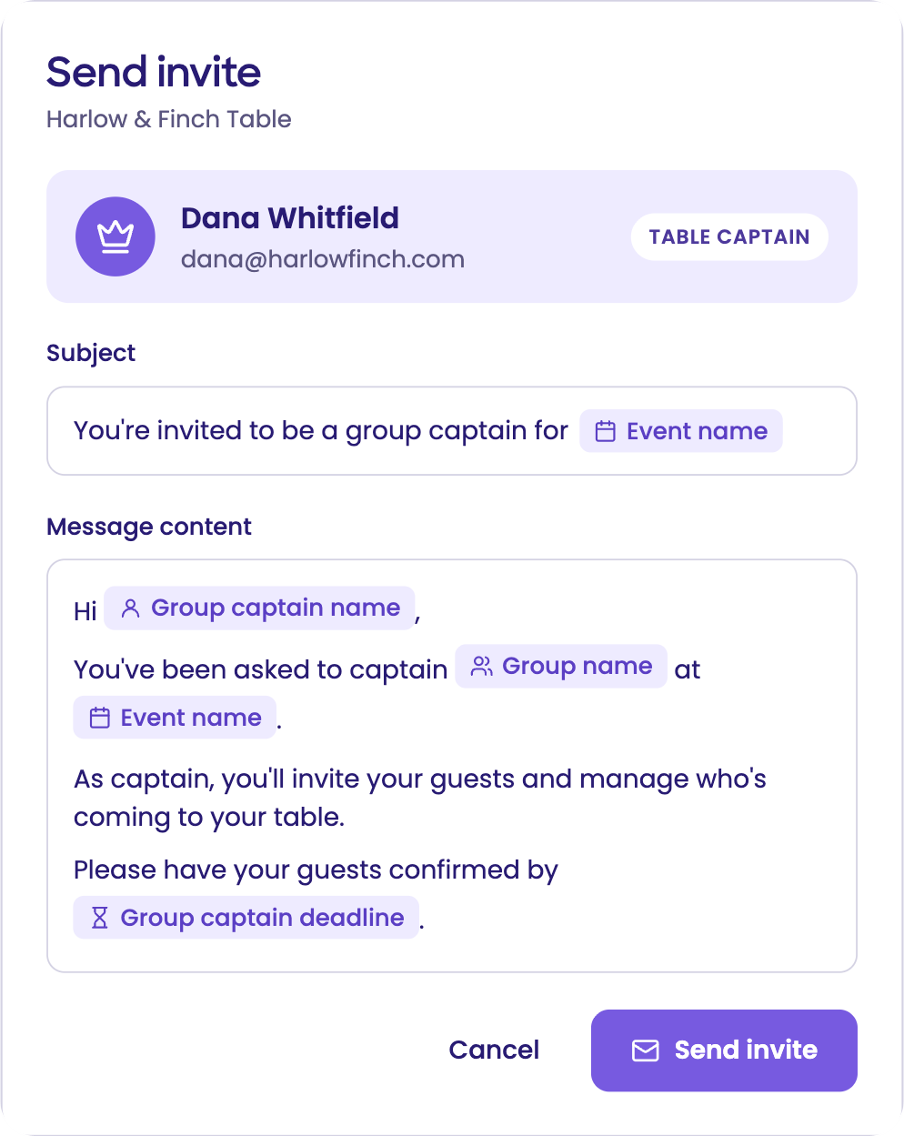 Send invite screen inviting Dana Whitfield to captain the Harlow & Finch Table